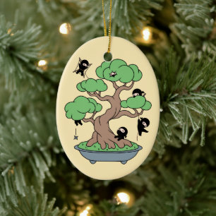 Tiny Ninjas in Bonsai Tree on Yellow Keramik Ornament
