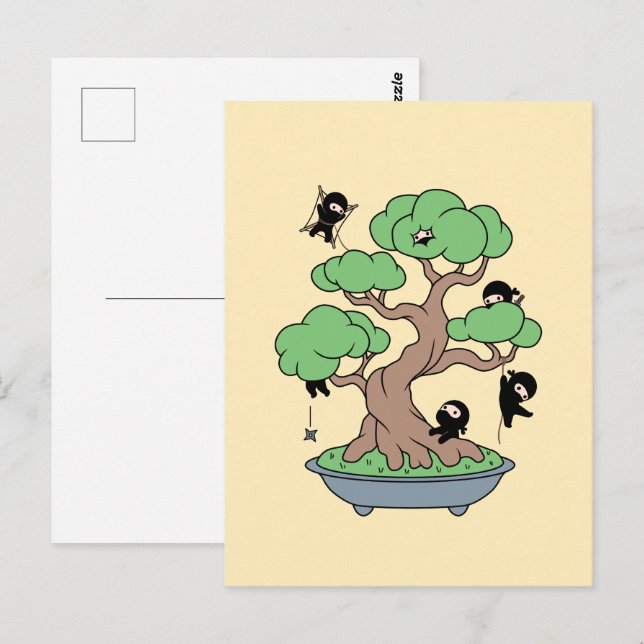 Tiny Ninjas in Bonsai Tree on Yellow Postkarte (Vorne/Hinten)