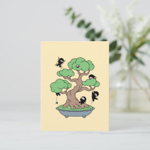 Tiny Ninjas in Bonsai Tree on Yellow Postkarte