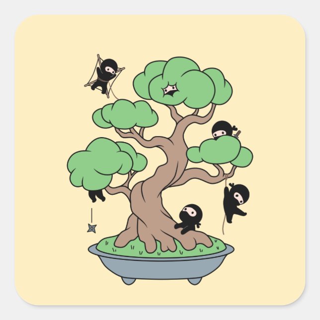 Tiny Ninjas in Bonsai Tree on Yellow Quadratischer Aufkleber (Vorderseite)