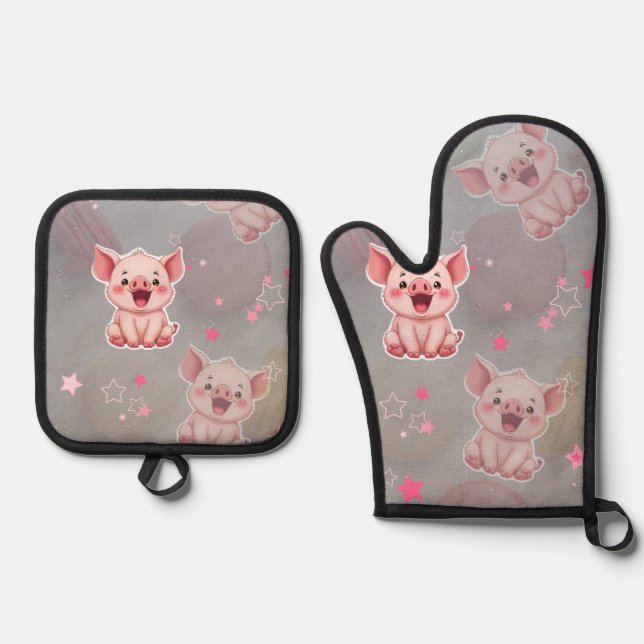  Tiny Pink Piggy Oven Mitt and Pot Holders Ofenhandschuh & Topflappen-Set (Vorderseite)