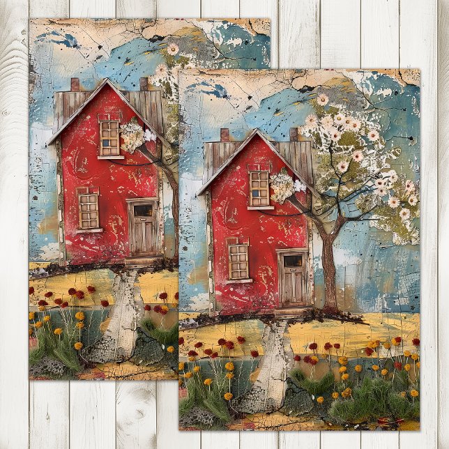 TINY RED COUNTRY HOUSE MIXED MEDIA DECOUPAGE SEIDENPAPIER (TINY RED COUNTRY HOUSE MIXED MEDIA DECOUPAGE TISSUE PAPER)