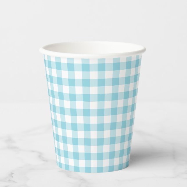 Tiny Robin Egg Blue and White Gingham Pappbecher (Vorderseite)
