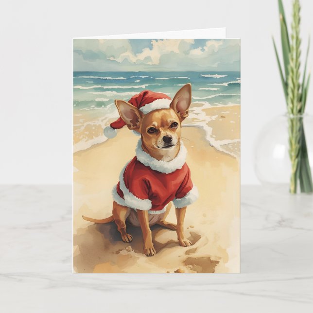 Tiny Santa, Big Cheer - Chihuahua Beach Weihnachte Karte (Vorderseite)