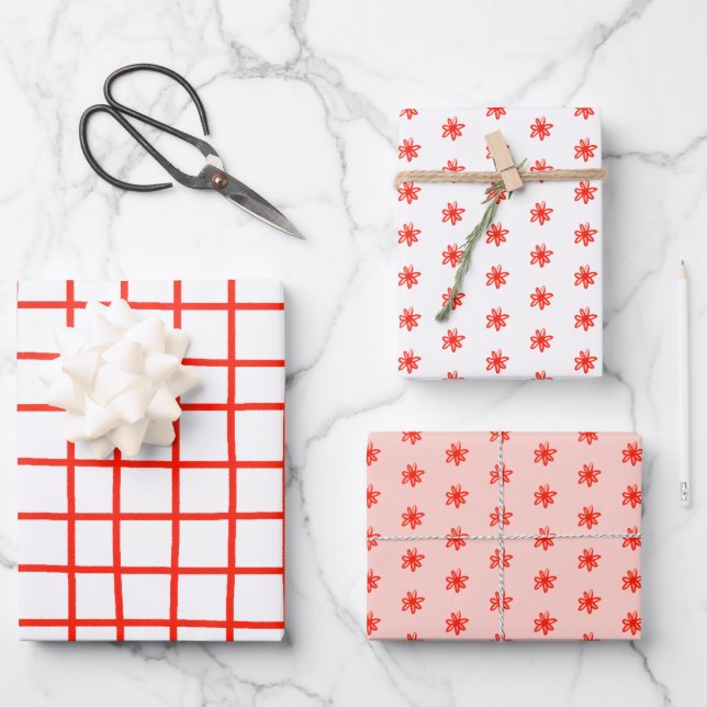 Tiny Scribbled Daisies Grid Whimsical Red Pink Set Geschenkpapier Set (Vorderseite)