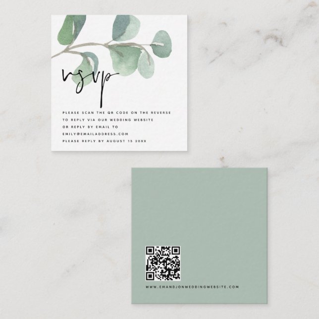 TINY SIZE Eucalyptus QR Code Script Wedding RSVP Begleitkarte (Vorne/Hinten)