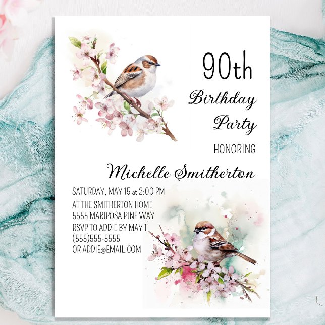 Tiny Sparrow Cherry Blüten Frühjahr 90. Geburtstag Einladung (Pretty sparrow 90th birthday party invitation for women)