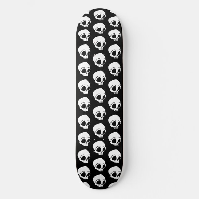 Tiny White Cartoon Skulls auf schwarz Skateboard (Vorderseite)