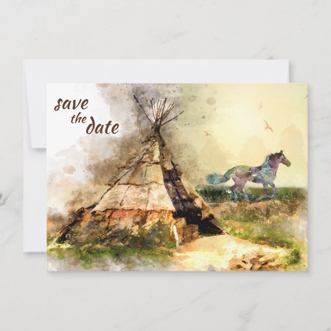 Tipi und Indian Pony Boho Horse Teepee Wedding Save The Date (Vorderseite)