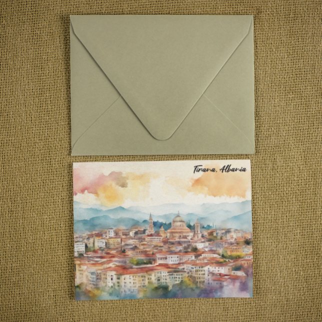 Tirana Albania Watercolor Painting Panorama View Karte (Tirana Albania Watercolor Painting Panorama View Card)