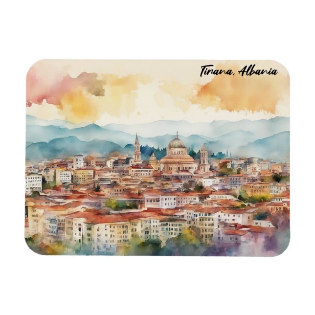 Tirana Albanien Aquarellmalerei Panoramasicht Magnet (Horizontal)