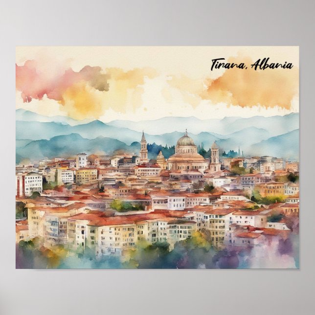 Tirana Albanien Aquarellmalerei Panoramasicht Poster (Vorne)