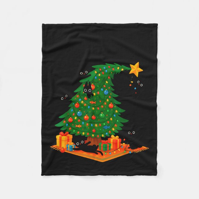 Tis The Season Christmas Tree Cute Black Cat Match Fleecedecke (Vorderseite)