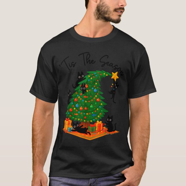 Tis The Season Christmas Tree Cute Black Cat Match T-Shirt (Vorderseite)