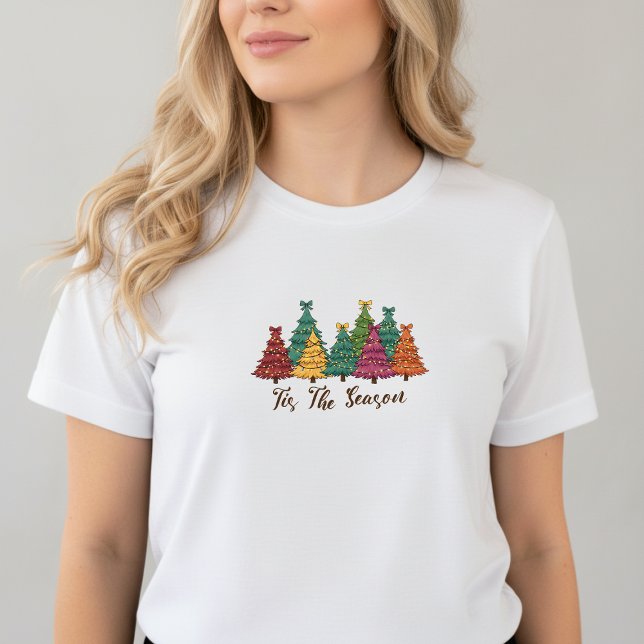 ’Tis the Season • Christmas Tree T-Shirt Tri-Blend Shirt (White t-shirt with colorful Christmas trees and text “’Tis the Season” festive holiday design)