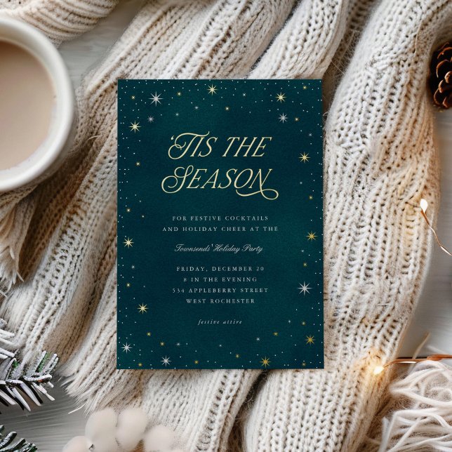 'Tis the Season Shiny Stars Christmas Party Folieneinladung ("Tis the season" Christmas party invitation with starry night sky)