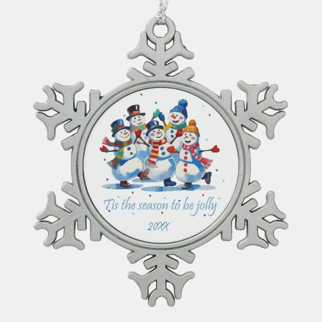 Tis the Season to be Jolly Dancing Jolly Snowmen Schneeflocken Zinn-Ornament (Vorderseite)