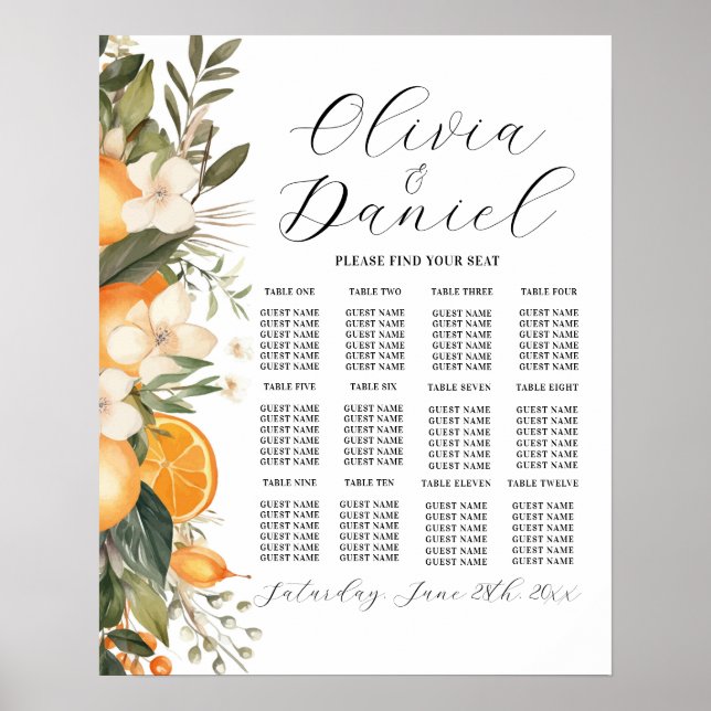 Tisch Hochzeitssitze 12 Orangen Citrus Florals Poster (Vorne)