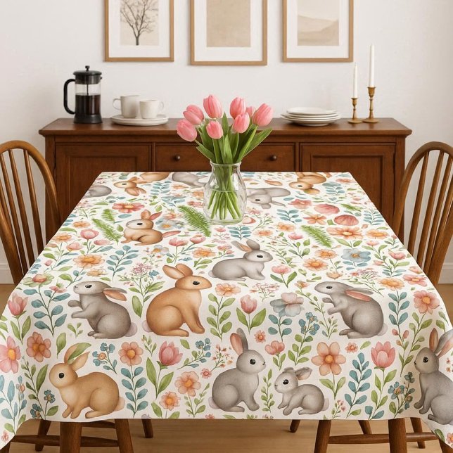 Tischdecke mit floralem Muster und wildlebendem Ha (Spring season wild rabbit tablecloth with pink floral pattern mockup )