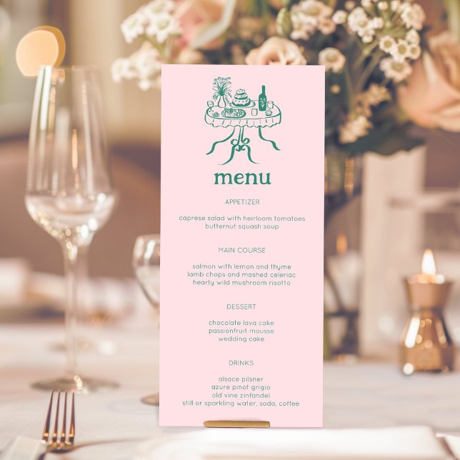 Tischdeckenkleidung aus Whimsikbüffet Modernes KUS Menükarte (Whimsical Buffet Table Doodle Sketch Modern CUSTOM Menu Pink Green Wedding Engagement Party

)