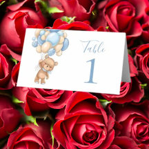 Tischkarte Baby Shower Teddybär Ballon Blau