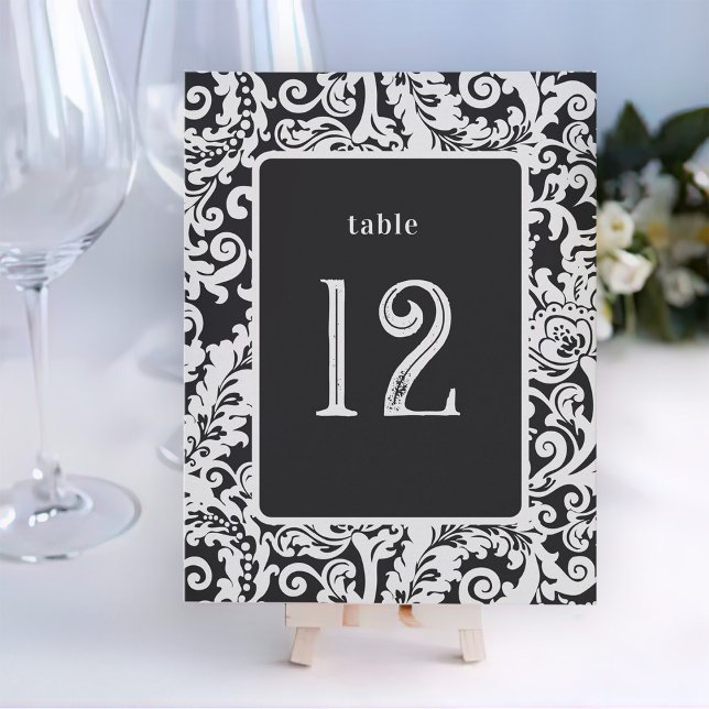 Tischkarte für die moderne schwarz-weiße Flora Einladung (elegant black and white floral damask wedding table number card)