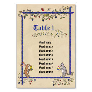 Tischkarten mit mittelalterlichen Tieren und Gastn Tischnummer