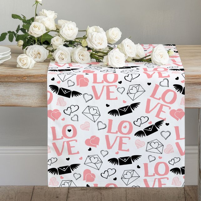 Tischläufer Hochzeit Geschenk Rosa Schwarz Liebest (Wedding Gift Table Runner Pink Black Love Text)