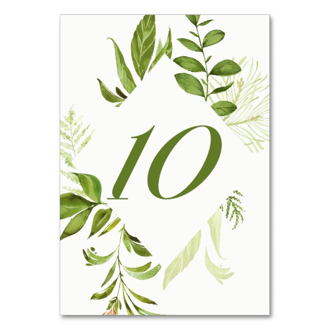 Tischnummer 10: Aquarell Wild Green Foliage (Vorderseite)