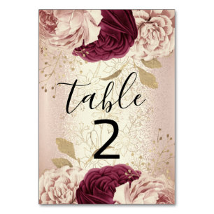 Tischnummer 2 Florals Rose Gold Marsala Burgund