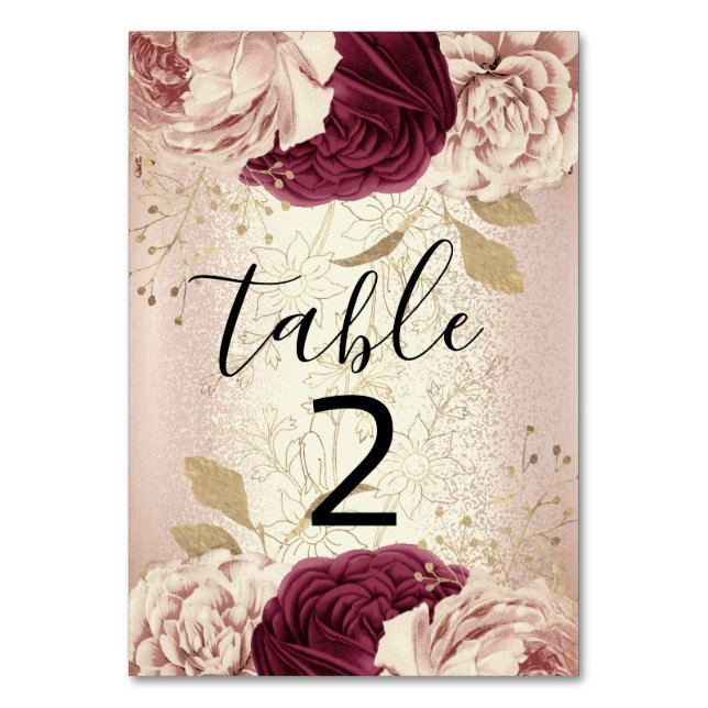 Tischnummer 2 Florals Rose Gold Marsala Burgund (Vorderseite)