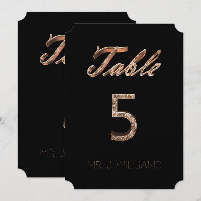 Tischnummer 5 Black Gold Elegante Escort Card (Vorne/Hinten)