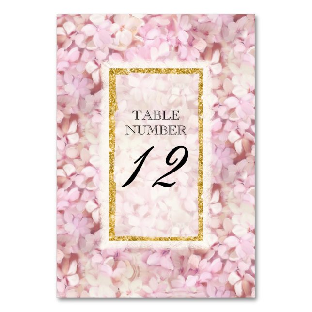 Tischnummer Card Hochzeitpink Hydrangea Gold Imita (Vorderseite)