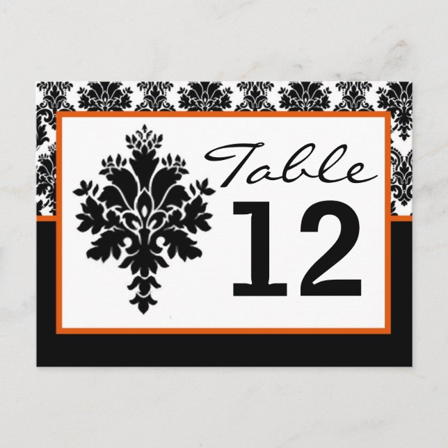 Tischnummer Card Schwarzer Orange Damask Lace Prin (Vorderseite)