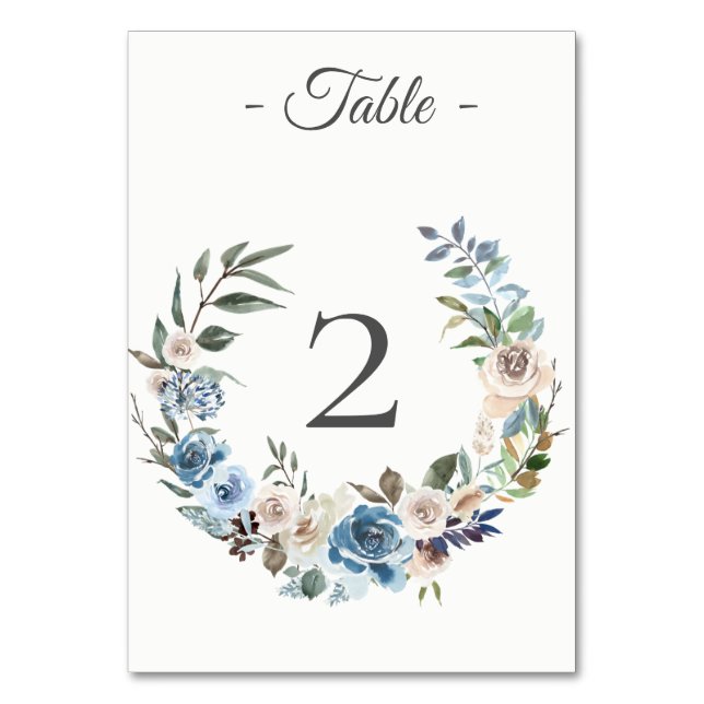 Tischnummer "Dusty Blue Cream Floral Wreath" (Vorderseite)