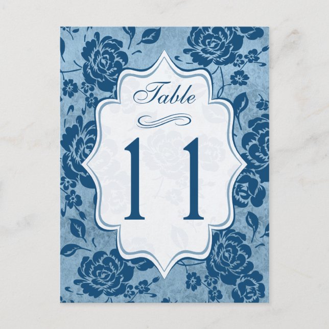 Tischnummer Dusty Blue, White Floral Damask (Vorderseite)