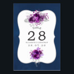 Tischnummer für Hochzeiten mit Flora und Fauna<br><div class="desc">Dunkle Pflaume lila Rose und silberne Glitzer tropisches Blattwerk Hochzeitskarten mit marineblauer Aquarell-Rücken.</div>