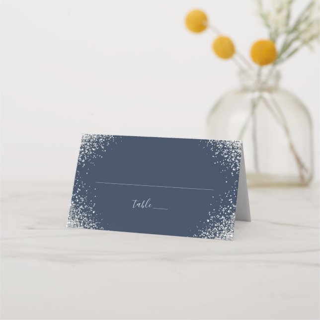 Tischnummer für Hochzeitssitze in Navy Blue und Si Platzkarte (Vorderseite)