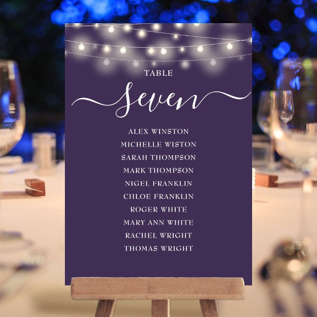 Tischnummer für lila String-Lichter (Purple String Lights Table Number Seating Chart)