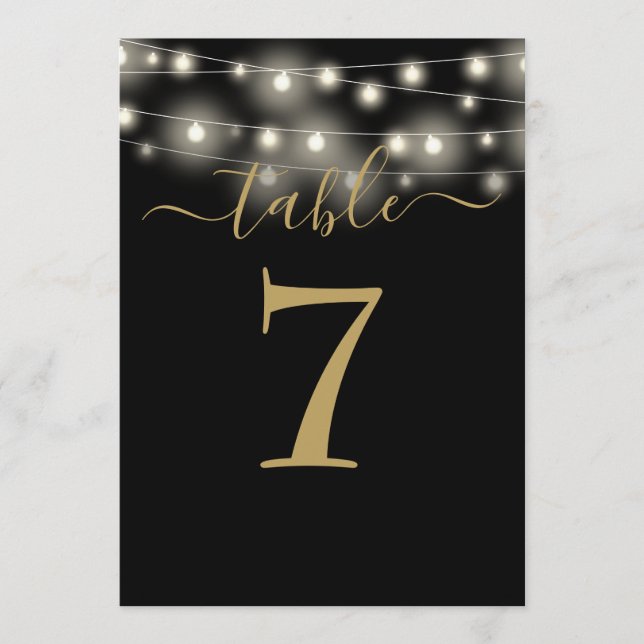 Tischnummer für schwarze und goldene String-Lights (Vorderseite)