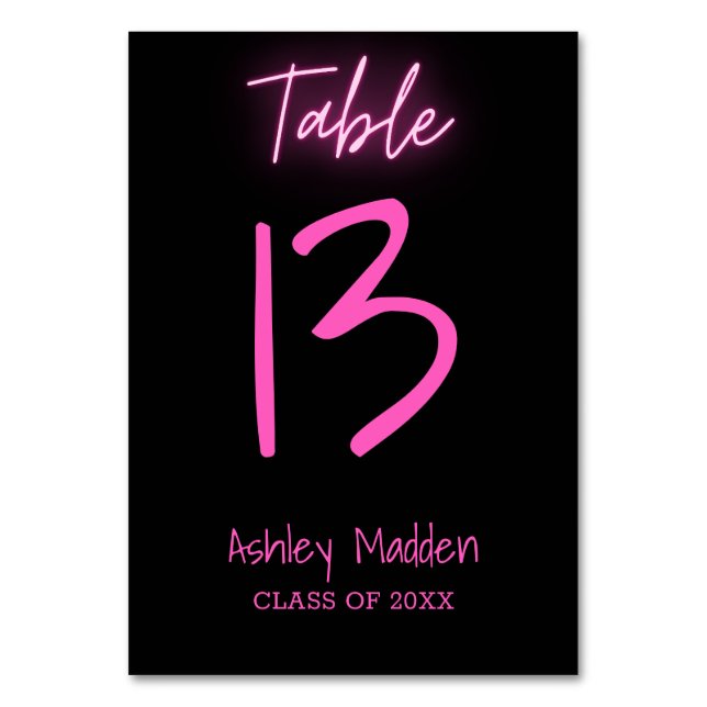 Tischnummer Neon Pink Script Graduation Party (Vorderseite)