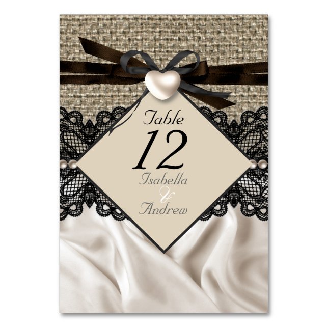 Tischnummer Rustikale Hochzeit Jute Spitze Herz (Vorderseite)