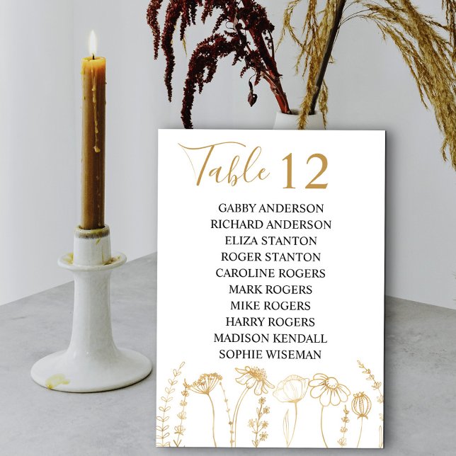Tischnummer-Sitzkarten der Gold Wildblume (Wedding Table Number and Guests Names in White & Gold, from my Wildflower Sketch collection)
