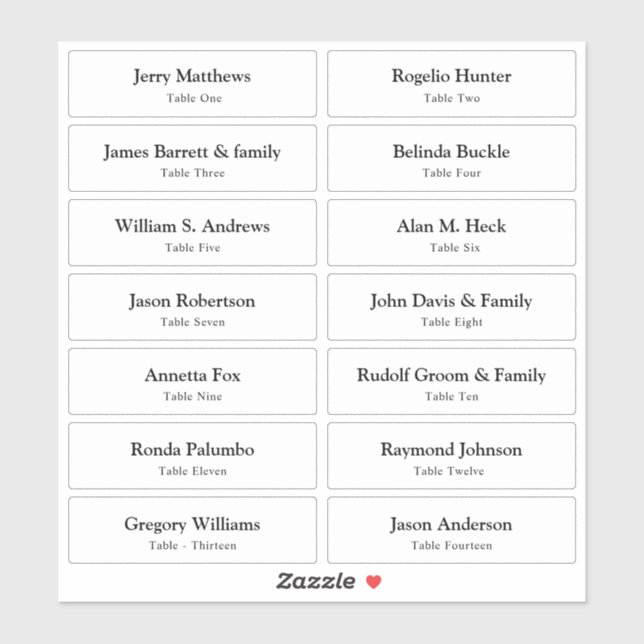 Tischnummer-Stick für Hochzeitgäste der Platzkarte Aufkleber (Blatt)