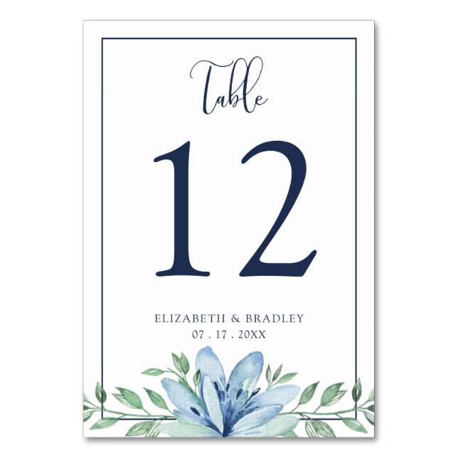Tischnummer Watercolor Floral Blue Bloom Wedding (Vorderseite)