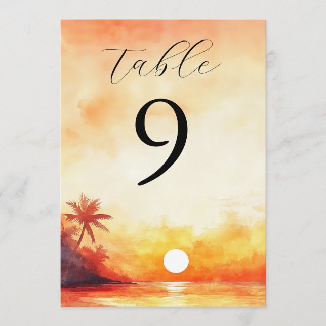 Tischnummer Watercolor Tropical Beach Sunset (Vorderseite)