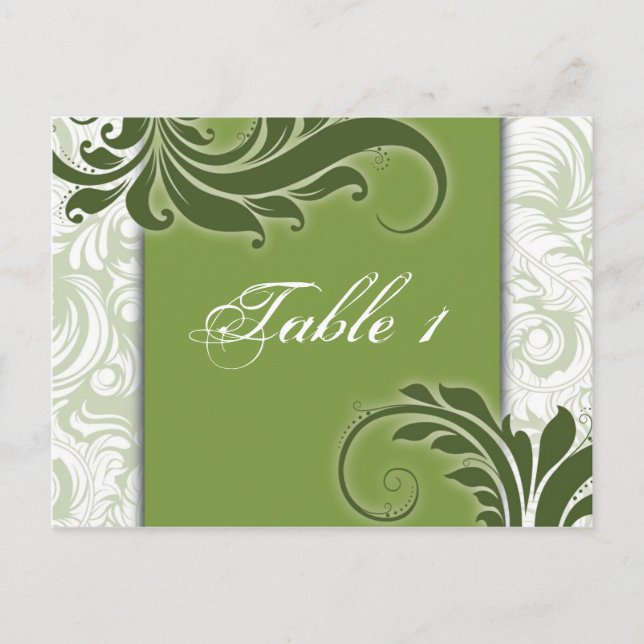 Tischnummer Wedding Card - Elegante grüne Wirbel (Vorderseite)