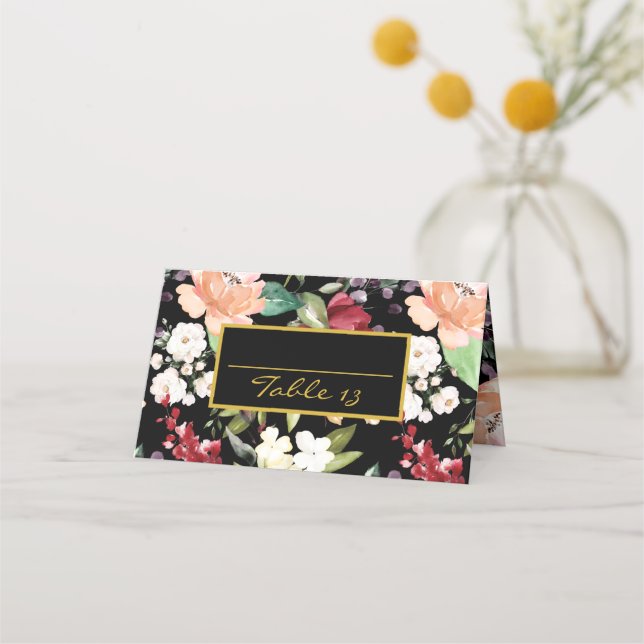 Tischnummer | Willkommen Elegant Black Gold Floral Platzkarte (Vorderseite)