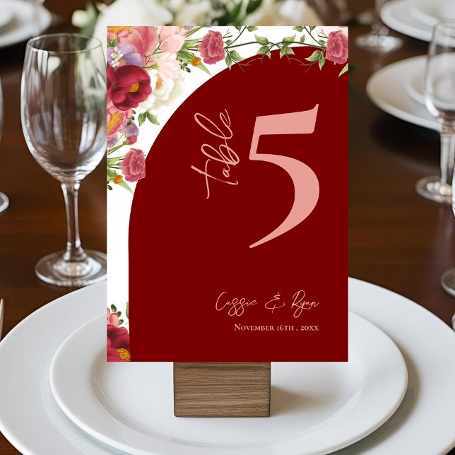 Tischnummer zur Hochzeitsfeier in Roter Pfanne (Red Arch Peach Floral Wedding Party Table Number)