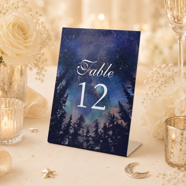 Tischnummern der Hochzeit von Starry Night Forest Sockelschild (Starry Night Forest Celestial Wedding Table Number Pedestal Sign on a celestial wedding table)